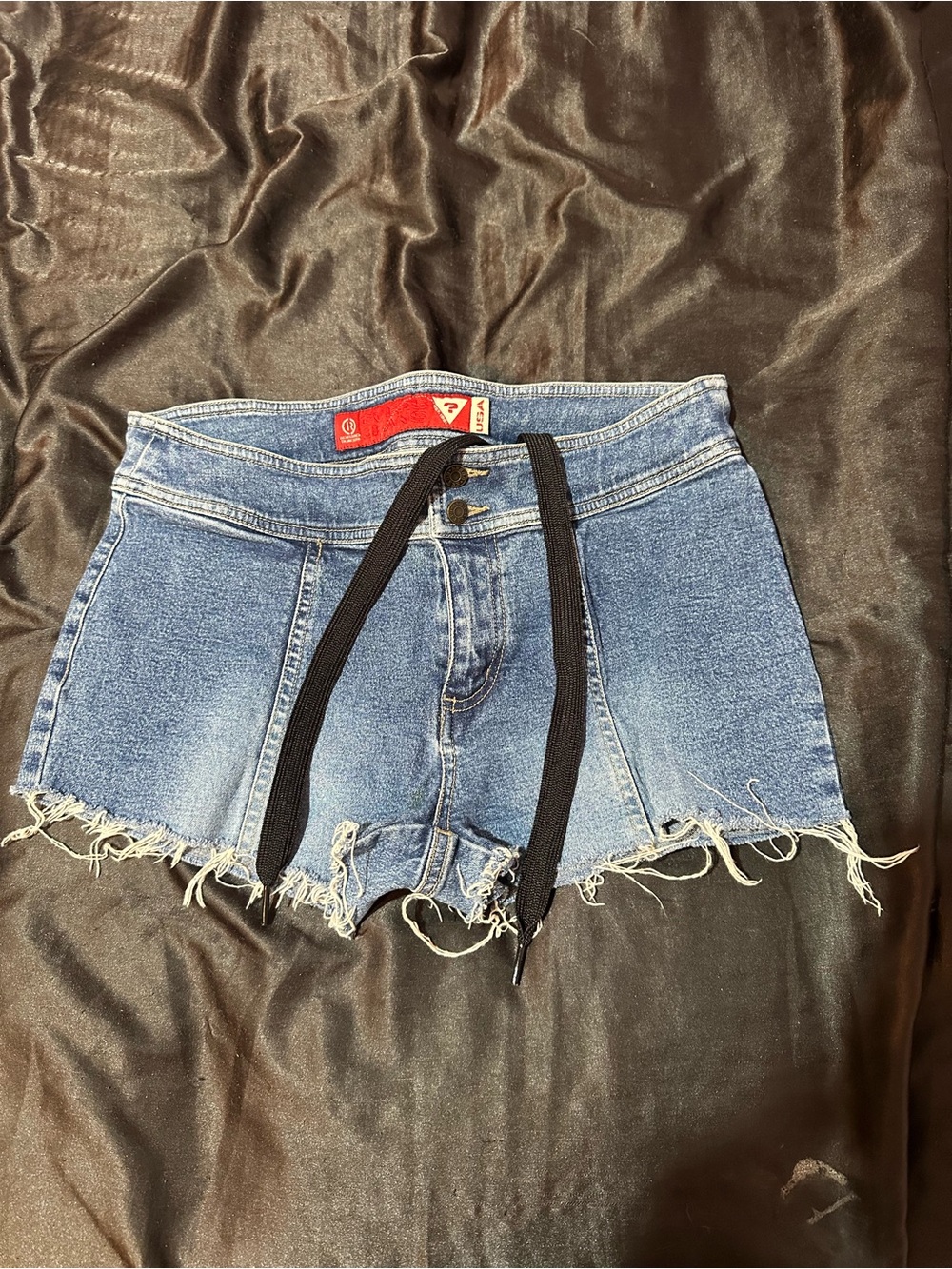 Guess Blue Denim Frayed Hem Shorts with Black Drawstring